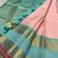 Peacock teal Rettapet border detail on blush rose Kanjivaram pure silk saree