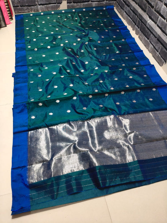 Pure Silk Chanderi Saree Blue Green with Peacock Teal Sheen and Silver Zari Buttas