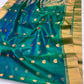 Peacock teal Katan Silk Chanderi saree with gold floral buttas and broad golden borders