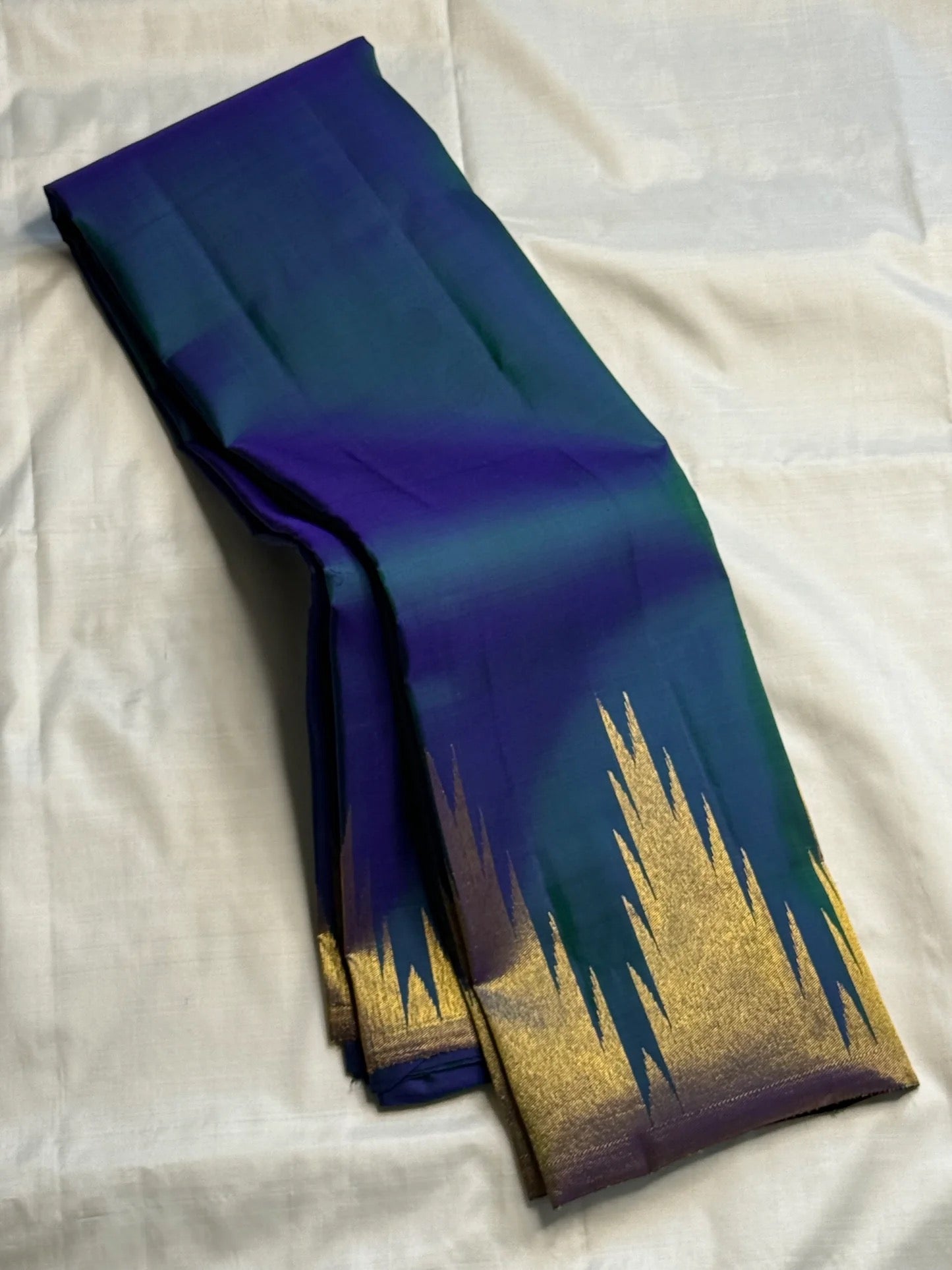 Peacock Teal Pure Silk KanchiPattu Ettukol Saree - full saree view