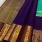 Deep purple korvai contrast border on peacock teal handwoven Kanchipuram pure silk saree — Idam Living