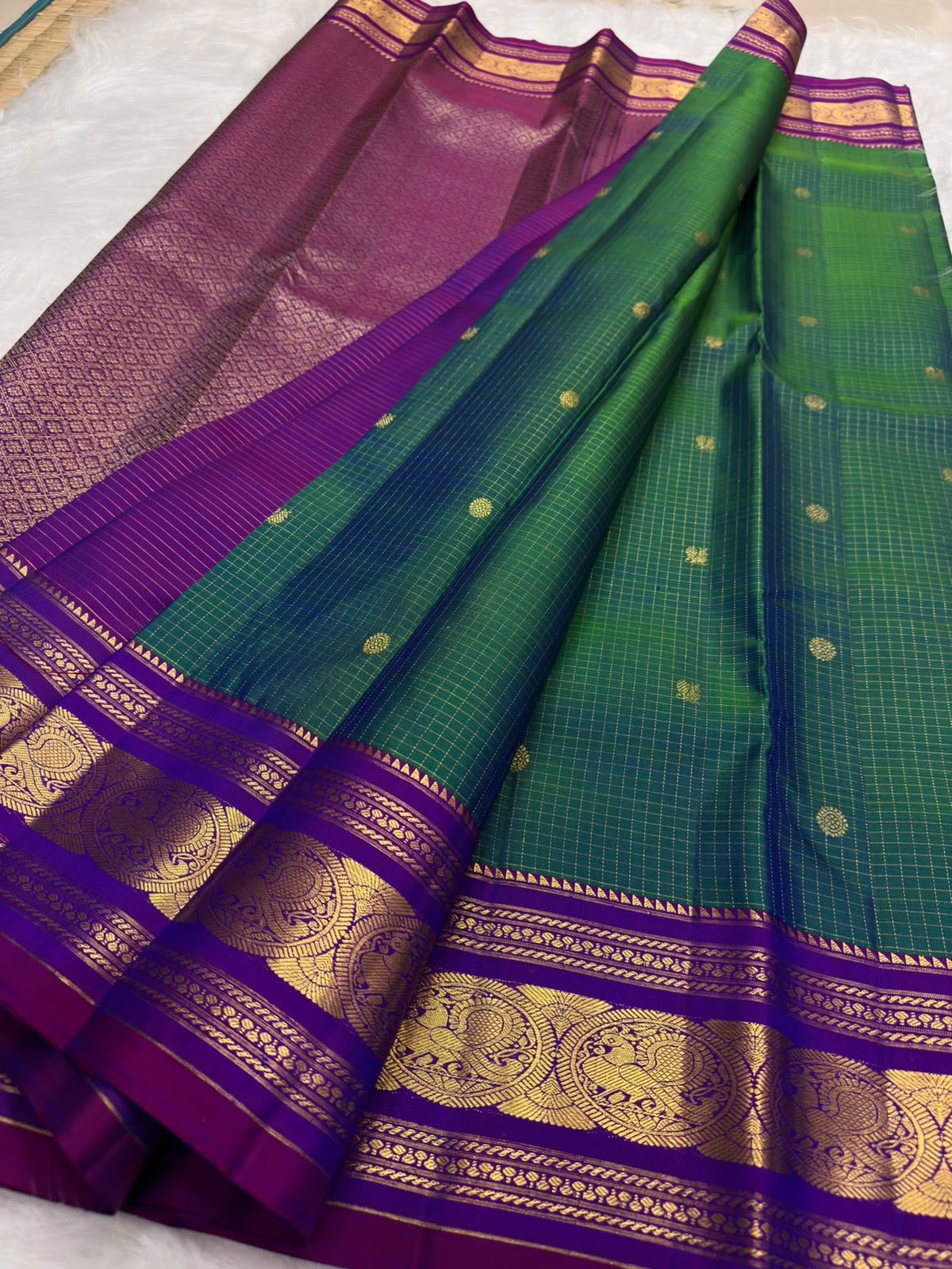 Deep purple korvai sorgavasal peacock border on peacock teal Kanjivaram pure silk saree — Idam Living