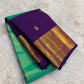 Vanasringaram gold zari motifs on deep purple korvai border of peacock teal Kanchipuram saree — Idam Living