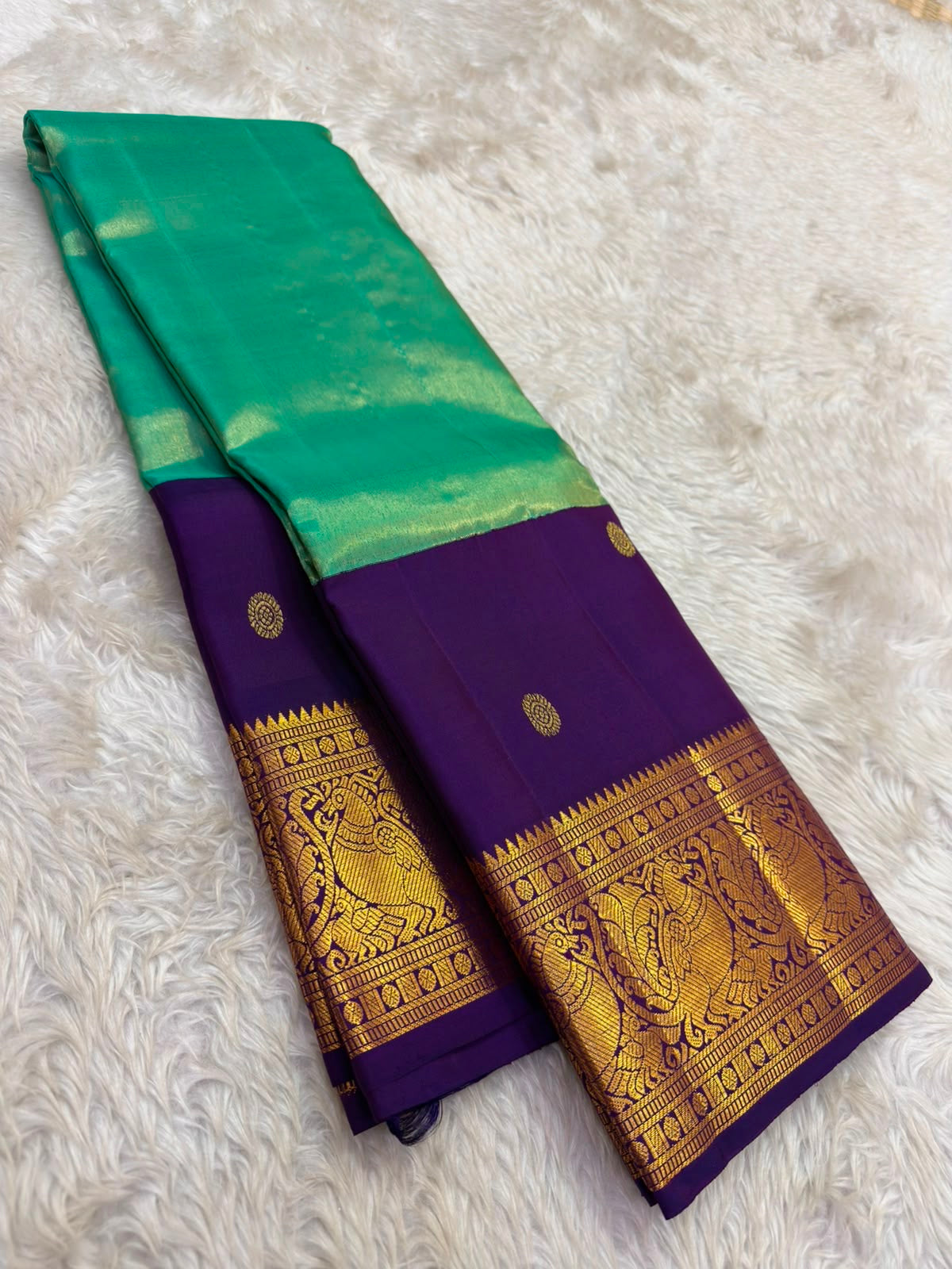 Rich purple pallu with gold zari vanasringaram on peacock teal Kanjeevaram silk saree — Idam Living