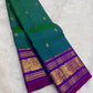 Full view of peacock teal shot colour handwoven Kanchipuram pure silk saree with sorgavasal border — Idam Living