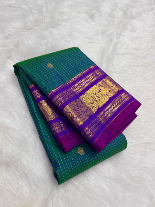 Zari kattam kamalam butta body on peacock teal shot colour Kanchipuram pure silk saree — Idam Living