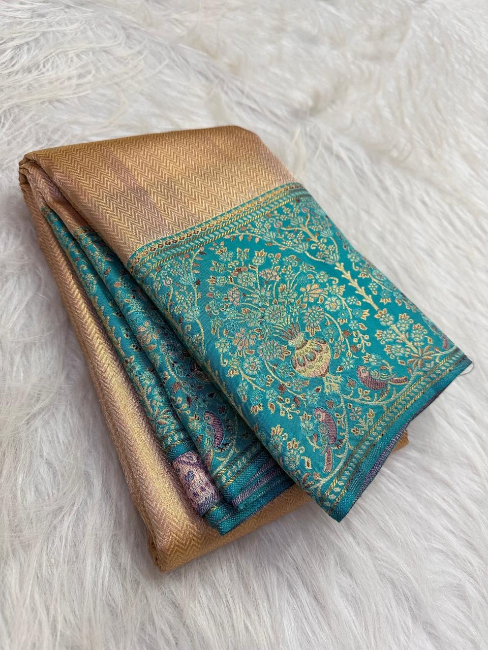 Peacock turquoise meenakari kanchipuram border – Idam Living Pure Silk Kanchipuram saree