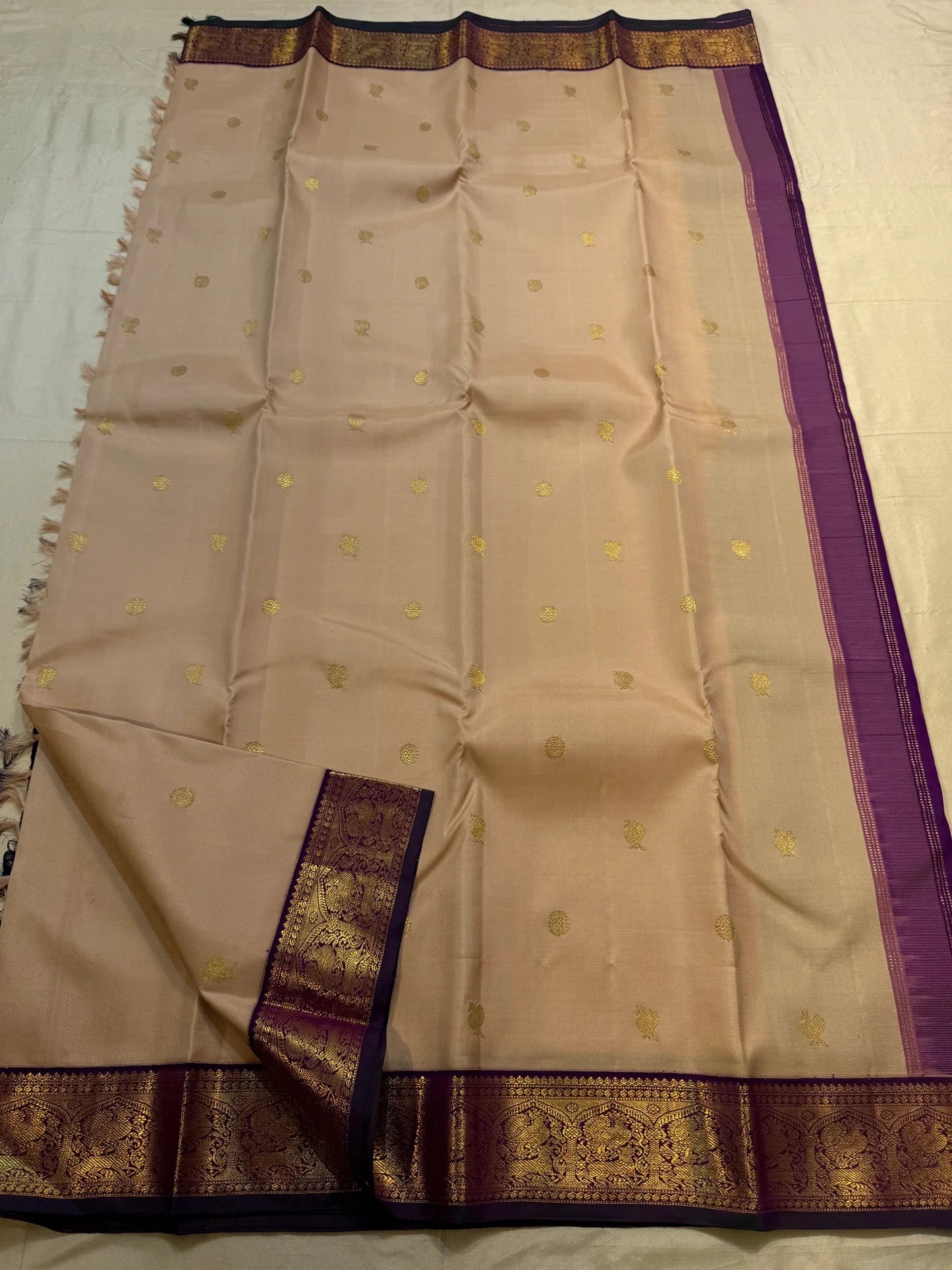 Pearl Beige and Deep Violet Handwoven Pure Silk KanchiPattu Saree with Mayil Chakram Butta and Korvai Border