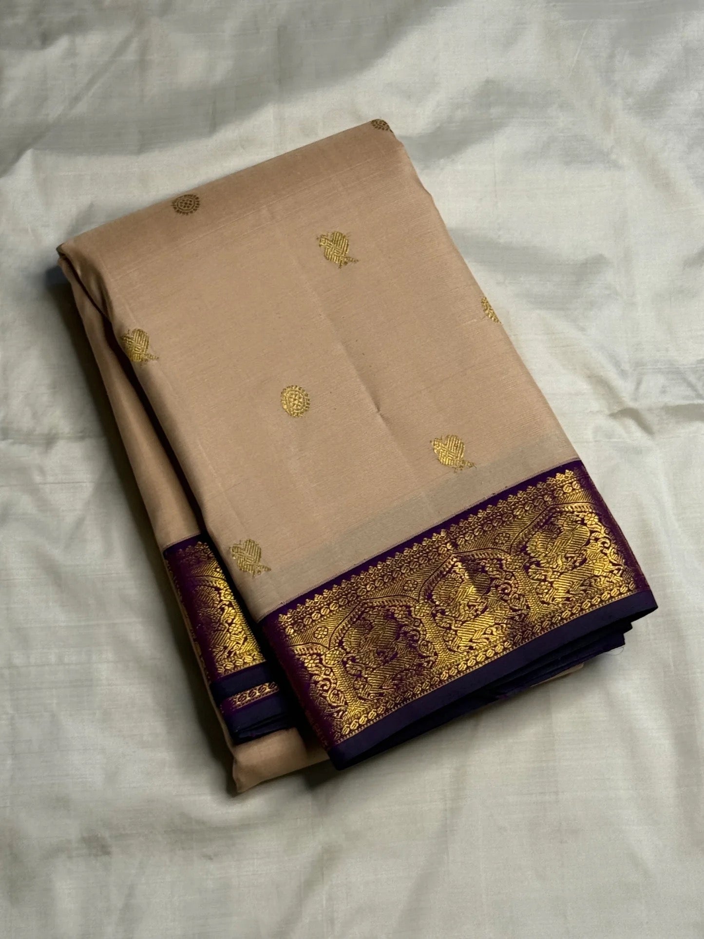 Pearl Beige and Deep Violet Handwoven Pure Silk KanchiPattu Saree with Mayil Chakram Butta and Korvai Border