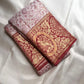 Pearl Ivory Kanchipuram silk saree with all-over floral and foliate woven jaal in muted red and gold.