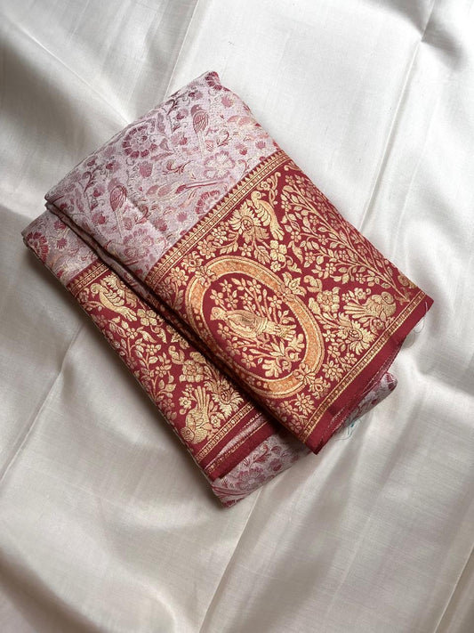 Pearl Ivory Kanchipuram silk saree with all-over floral and foliate woven jaal in muted red and gold.