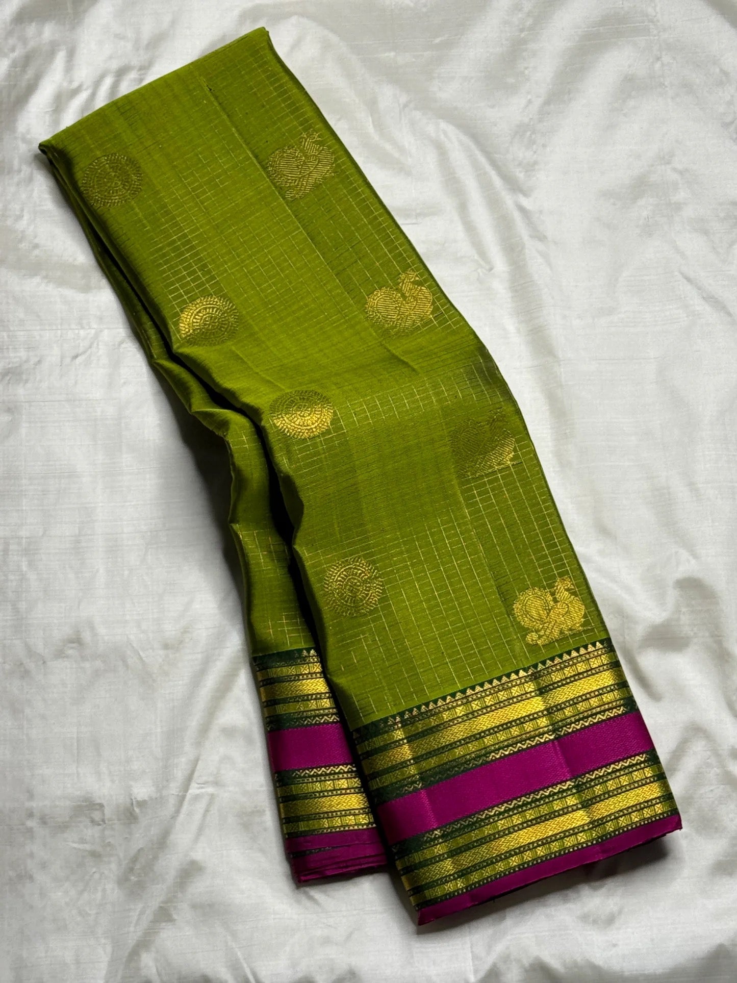 Peridot green Zari Kattam Kanjipuram silk saree, full drape overview
