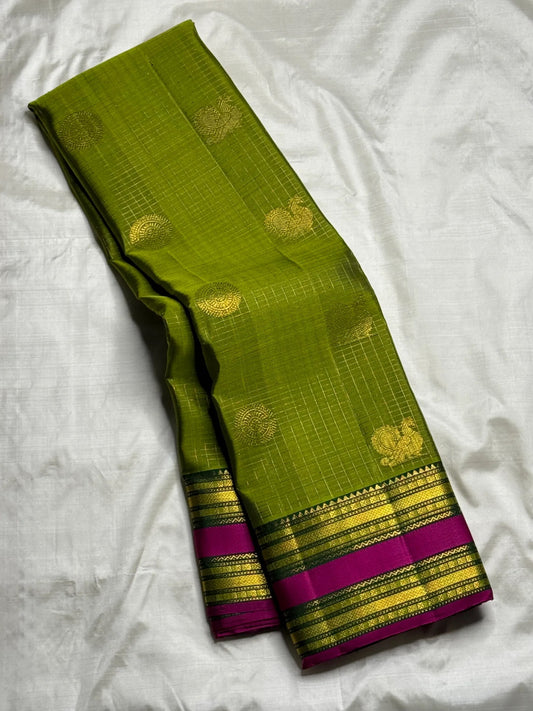 Peridot green Zari Kattam Kanjipuram silk saree, full drape overview