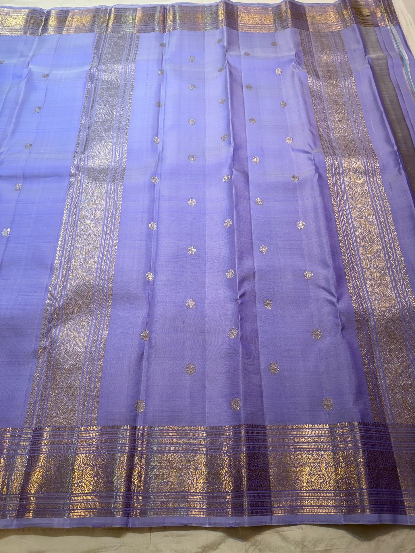 Lavender Violet Handwoven Pure Silk KanchiPattu Saree with Antique Gold Zari Buttas and Ornamental Border