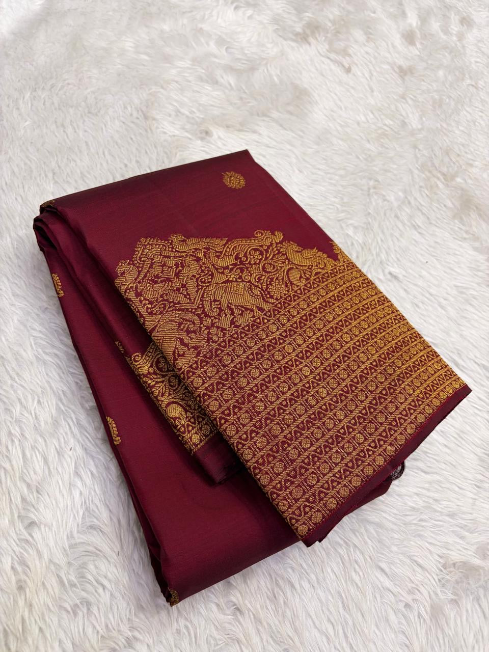 Handwoven shot-colour Kanchipuram saree with petite zari motifs