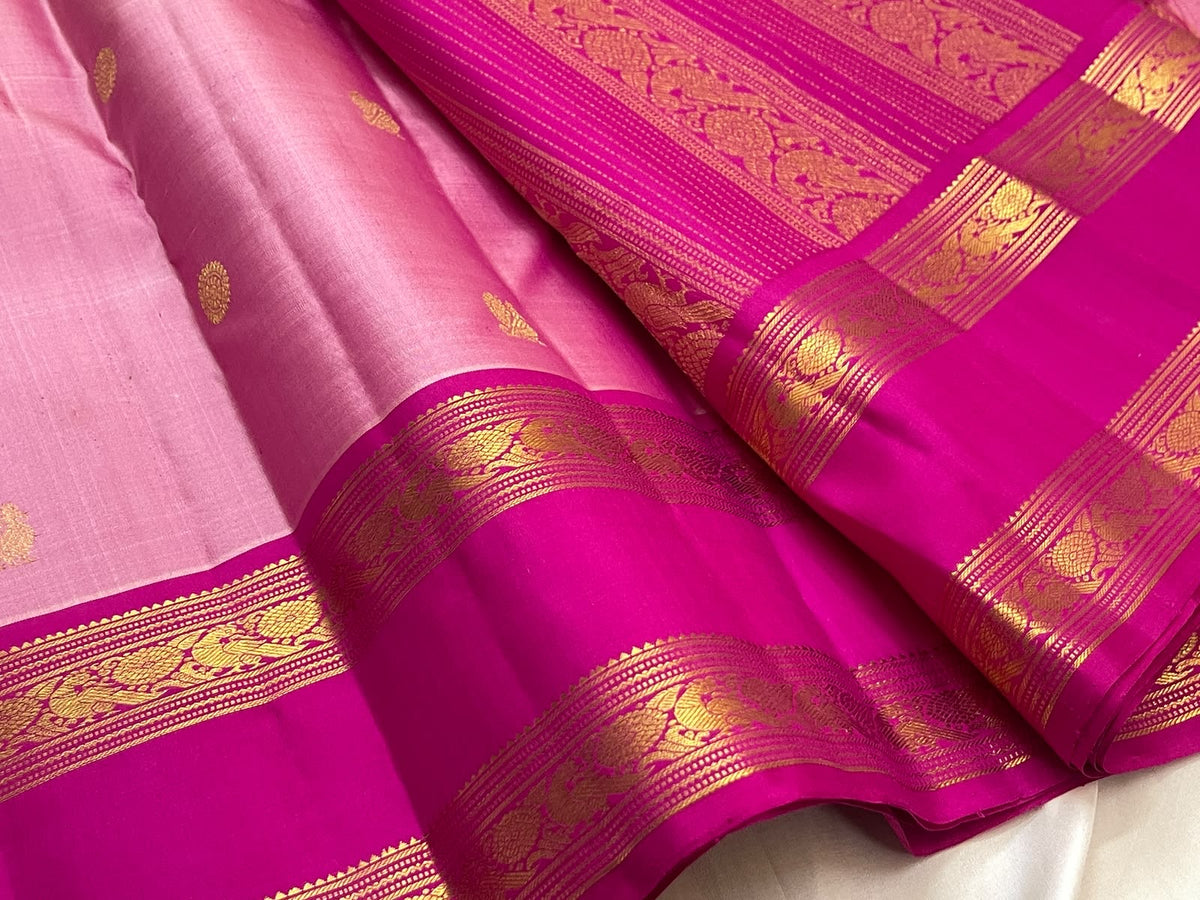 Petal Pink Pure Silk Kanchipuram Rettapet Saree with Rani Pink Mayil Border