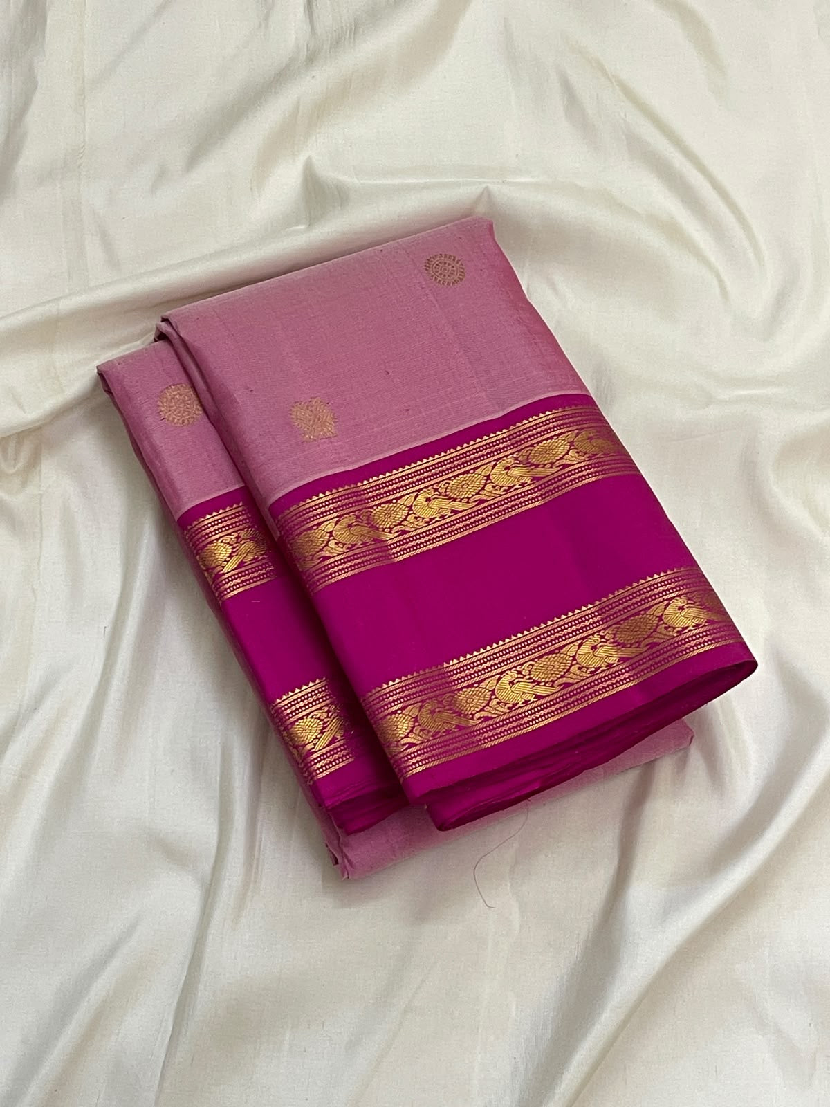 Petal Pink Pure Silk Kanchipuram Rettapet Saree with Rani Pink Mayil Border