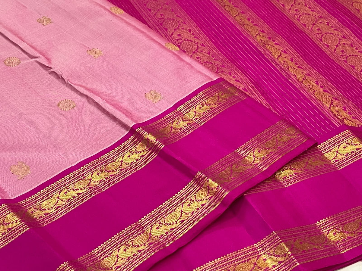 Petal Pink Pure Silk Kanchipuram Rettapet Saree with Rani Pink Mayil Border
