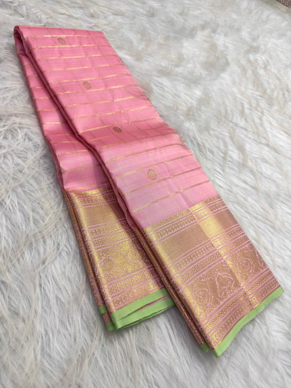 Petal Pink and Pistachio Green Pure Silk Kanjivaram Zari Kattam saree by Idam Living