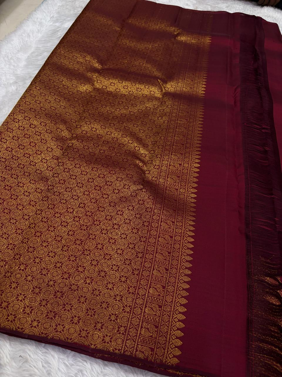 Deep Arakku red and coffee brown shot-colour Kanjeevaram silk saree with gold zari