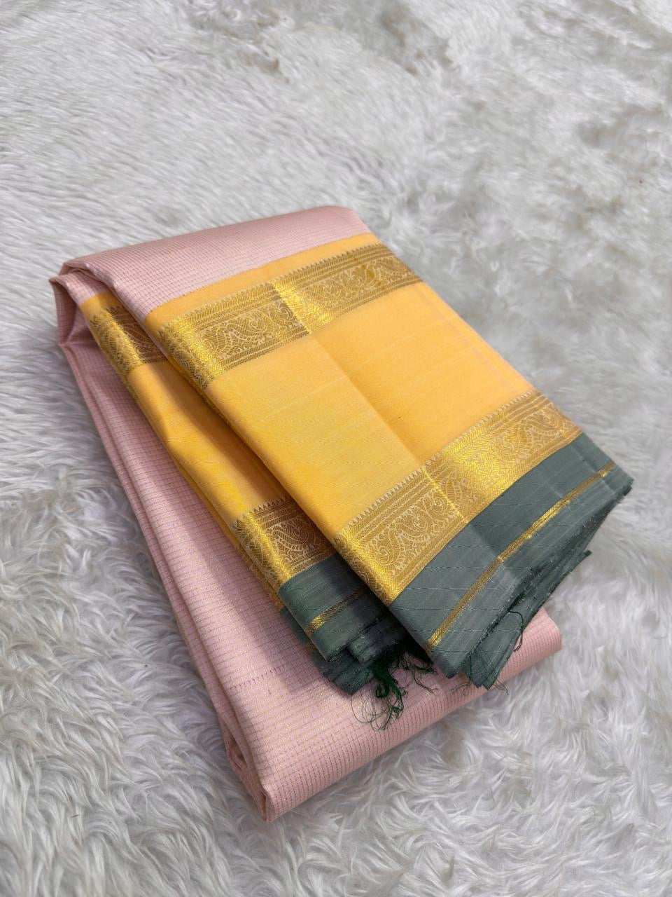 Petal Pink Handwoven Pure Silk Kanchi Pattu Saree with Marigold and Slate Ganga Jamuna Rettapet Border