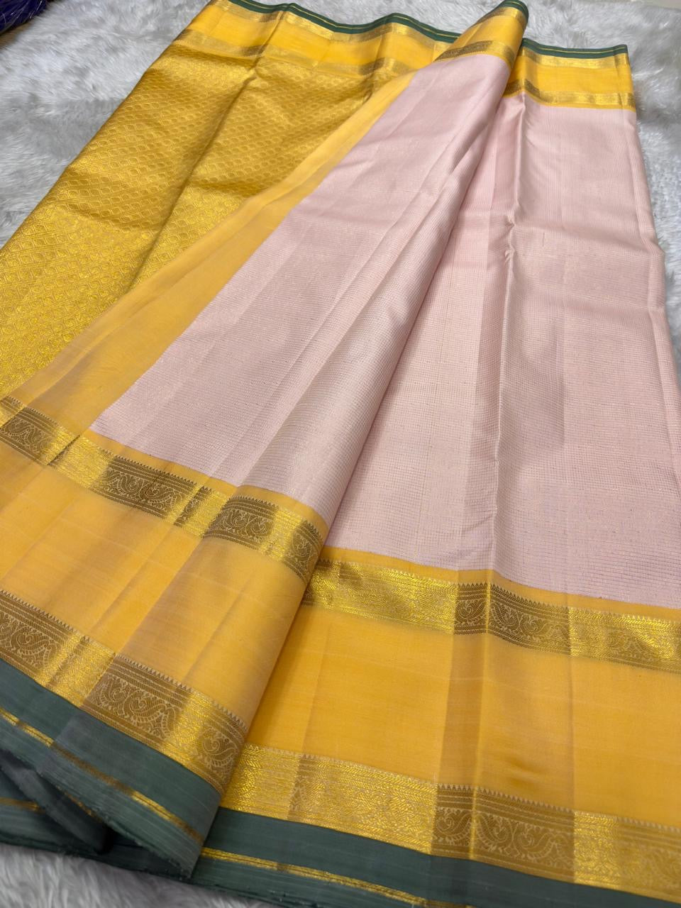 Petal Pink Handwoven Pure Silk Kanchi Pattu Saree with Marigold and Slate Ganga Jamuna Rettapet Border