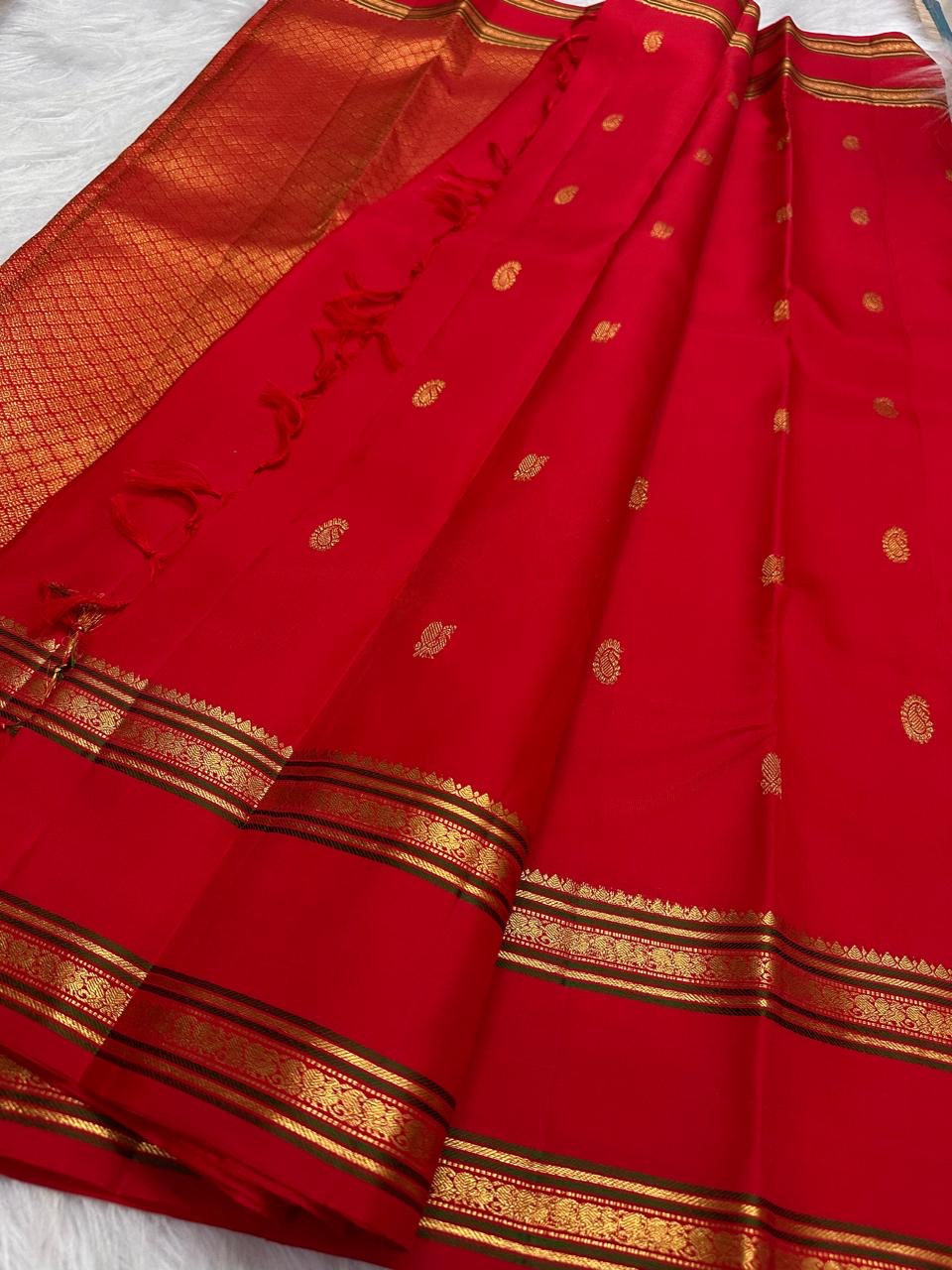 Pillar-Box Red Handwoven Pure Silk Kanchipuram Rettapet Saree with Mayil and Paisley Gold Zari Buttas