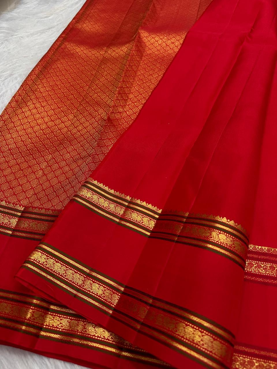 Pillar-Box Red Handwoven Pure Silk Kanchipuram Rettapet Saree with Mayil and Paisley Gold Zari Buttas
