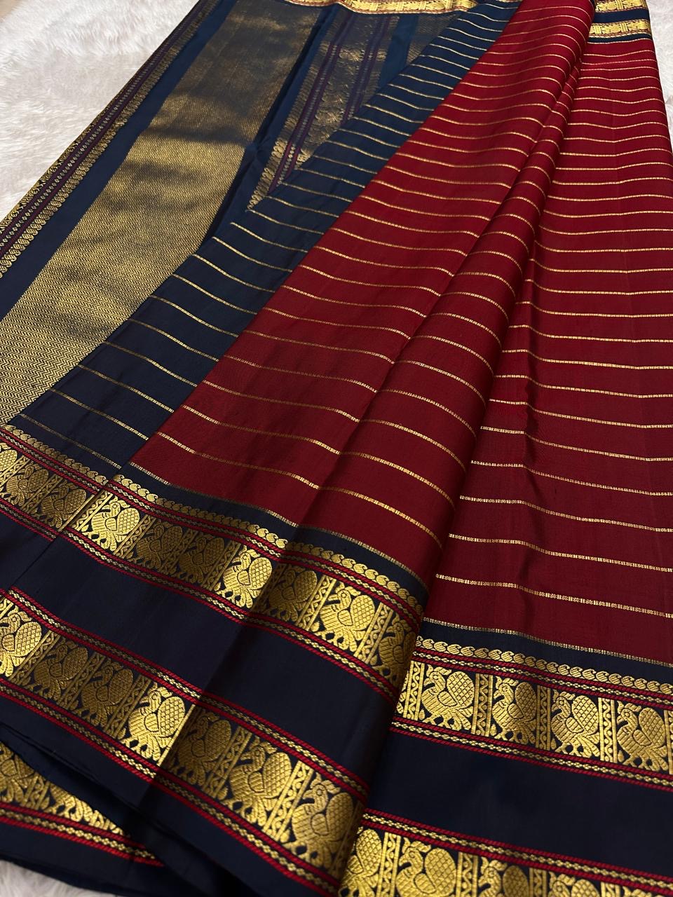 Pillar box red pure silk Kanchi Pattu Rettapet saree, full drape