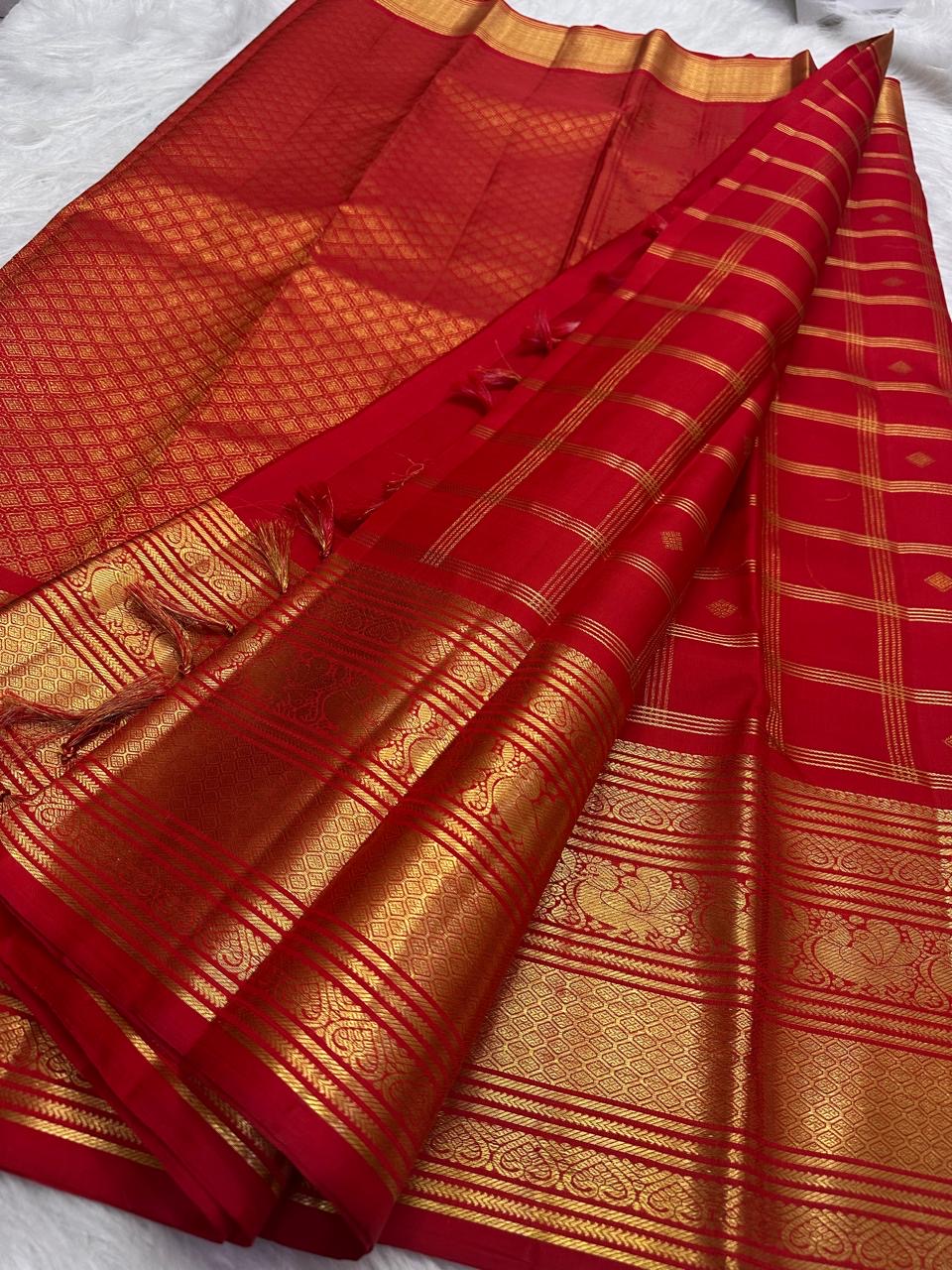 Pillar-Box Red Handwoven Pure Silk Kanjipuram Saree with Varisaipet Weave and Antique Gold Zari Border