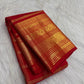 Pillar-Box Red Handwoven Pure Silk Kanjipuram Saree with Varisaipet Weave and Antique Gold Zari Border