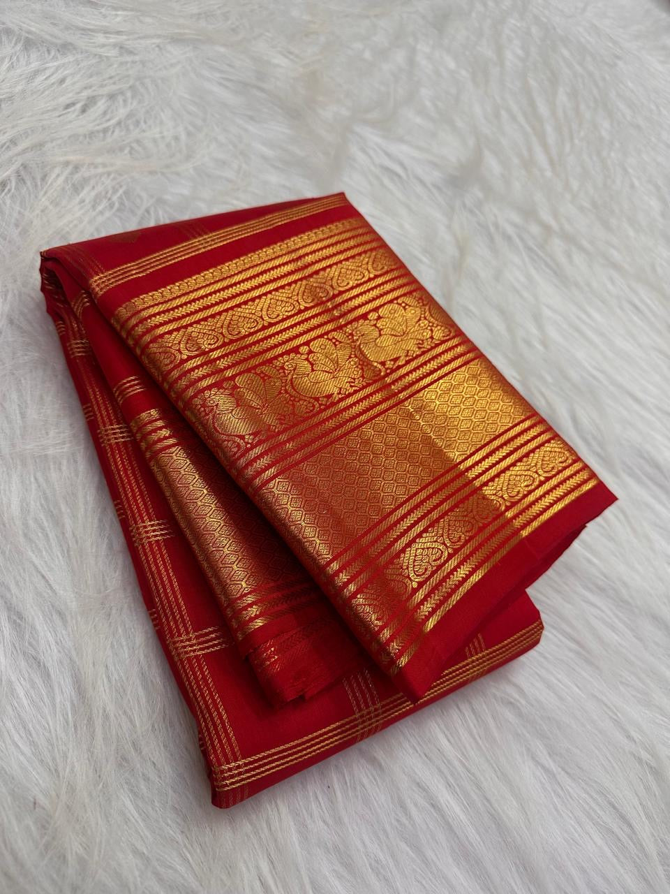 Pillar-Box Red Handwoven Pure Silk Kanjipuram Saree with Varisaipet Weave and Antique Gold Zari Border