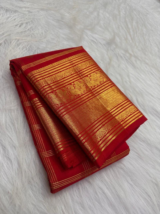 Pillar-Box Red pure silk Kanjipuram saree, Varisaipet weave with Antique Gold Zari border — folded view