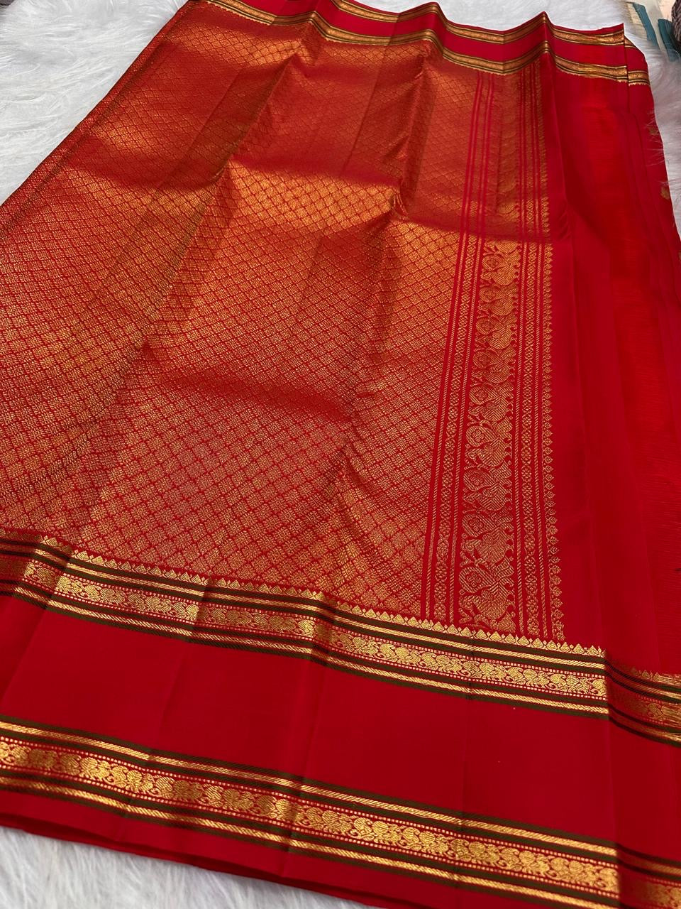 Pillar-Box Red Handwoven Pure Silk Kanchipuram Rettapet Saree with Mayil and Paisley Gold Zari Buttas