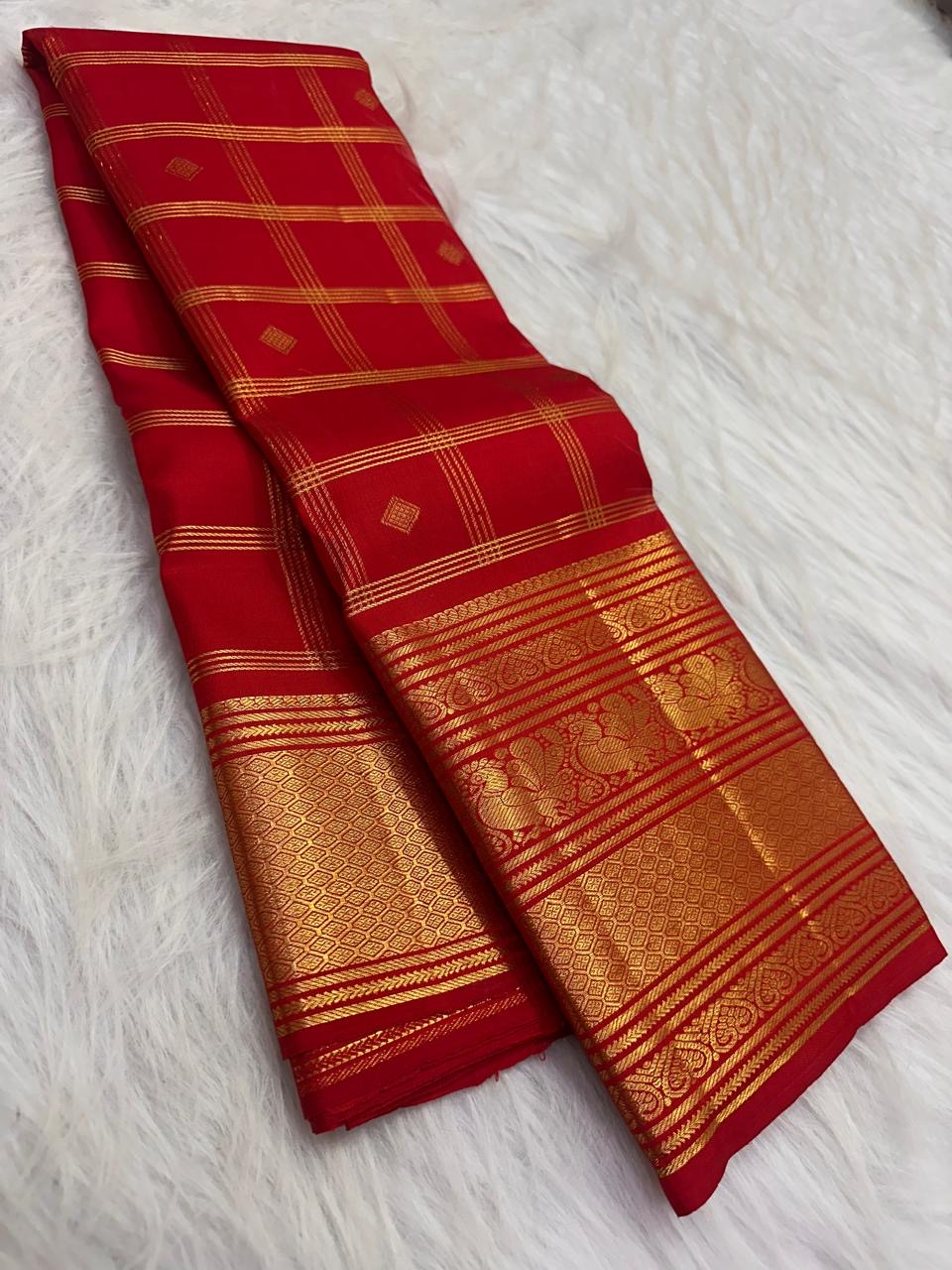Pillar-Box Red Handwoven Pure Silk Kanjipuram Saree with Varisaipet Weave and Antique Gold Zari Border