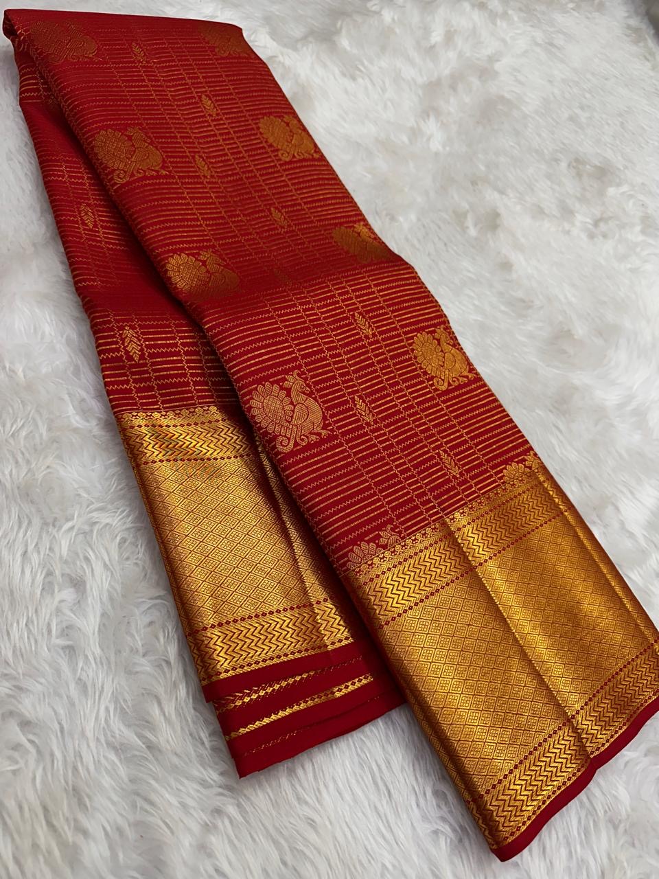Pillar box red handwoven pure silk Kancheepuram saree full view with zari kattam checks