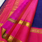 Pure Kanchipuram silk saree pallu spread showing pink zari panels with gold weave and blue checked body, shipped from New Jersey USA