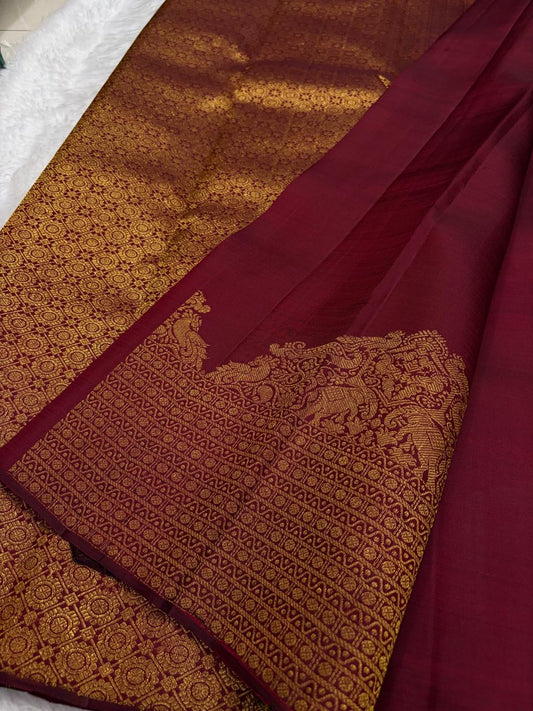 Arakku red and coffee brown dual-tone Pure Silk Kanchipuram Butta saree