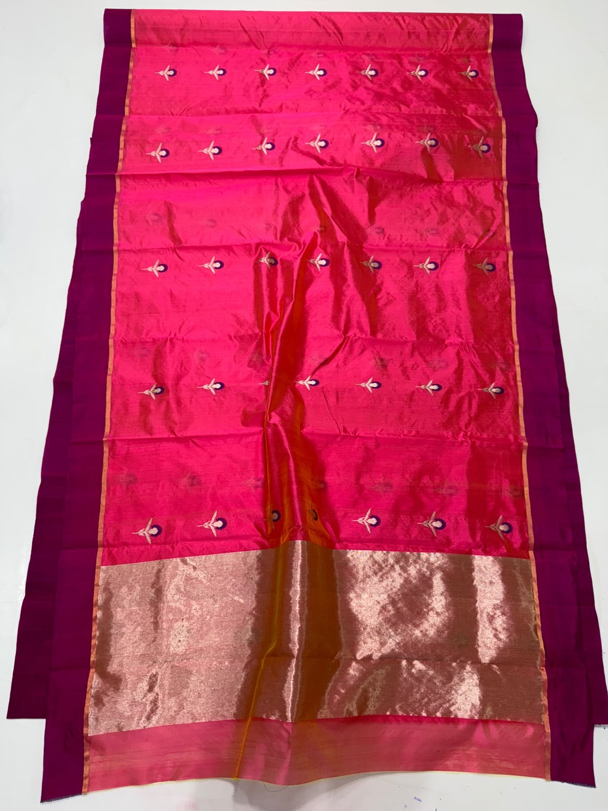 Pink Chanderi saree with deep purple contrast border