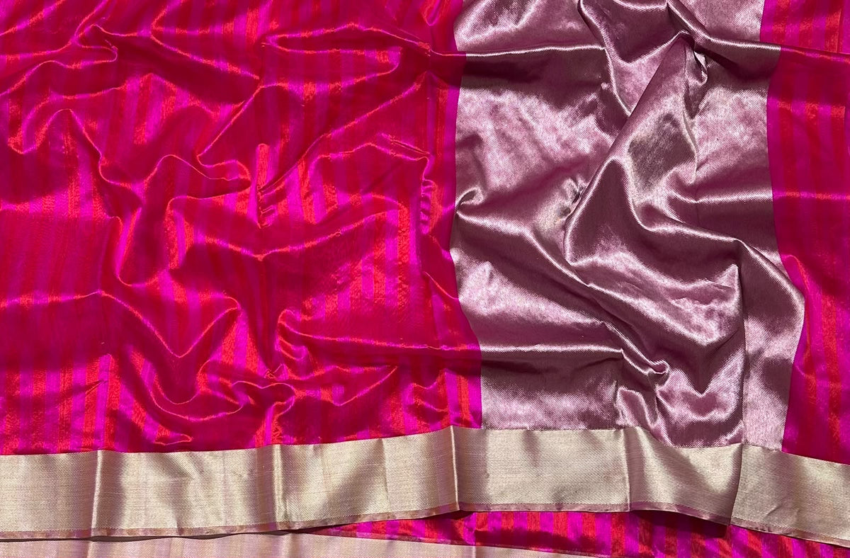 Fuchsia pink Chanderi with metallic stripes