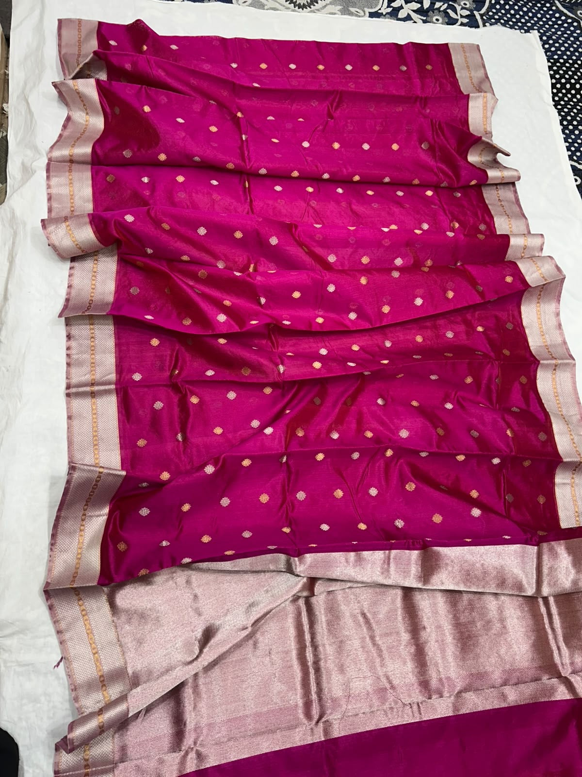 Pink silk Chanderi saree with gold and silver buttas