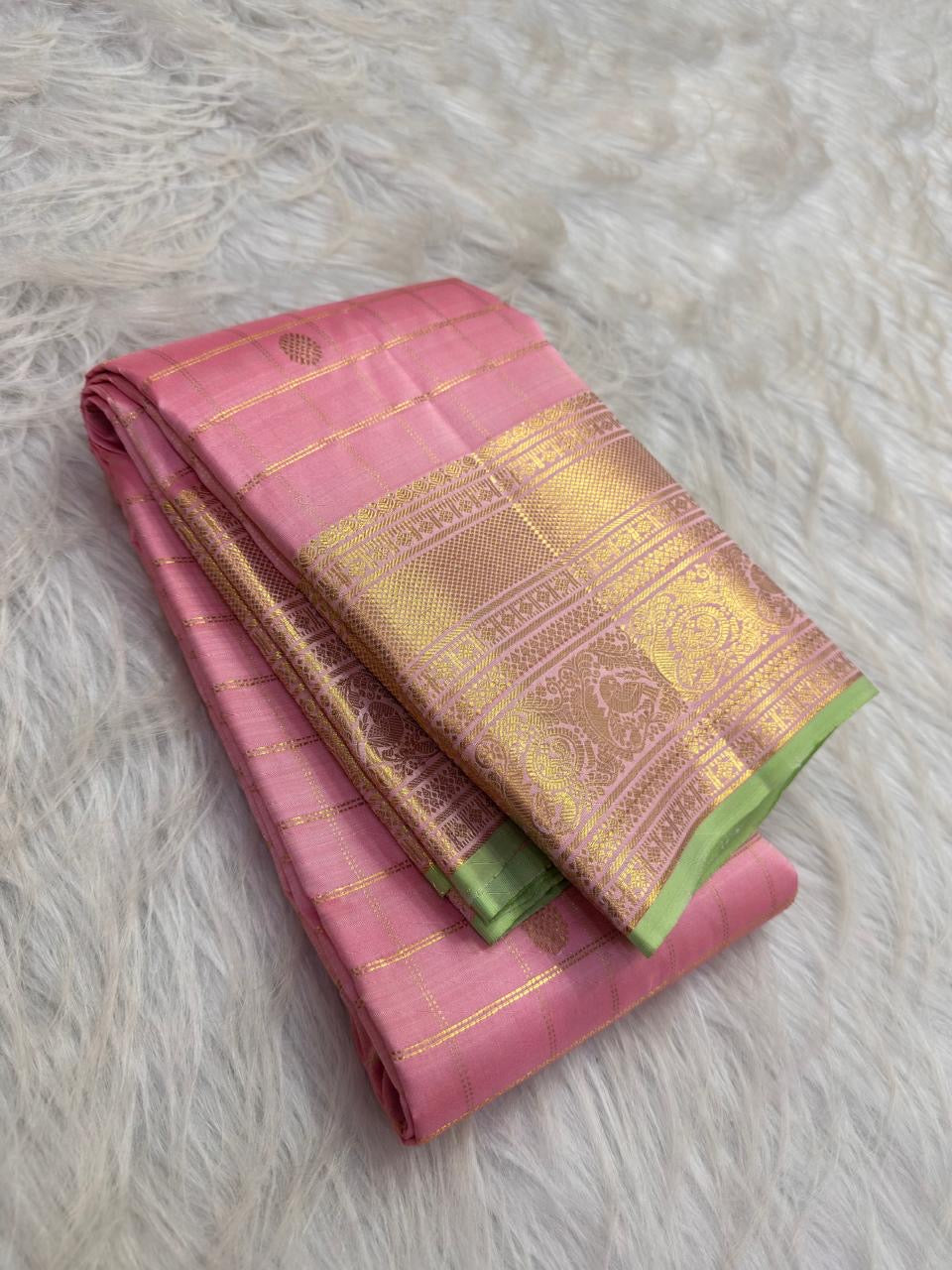Petal Pink handwoven Kanchipuram Zari Kattam silk saree, Idam Living