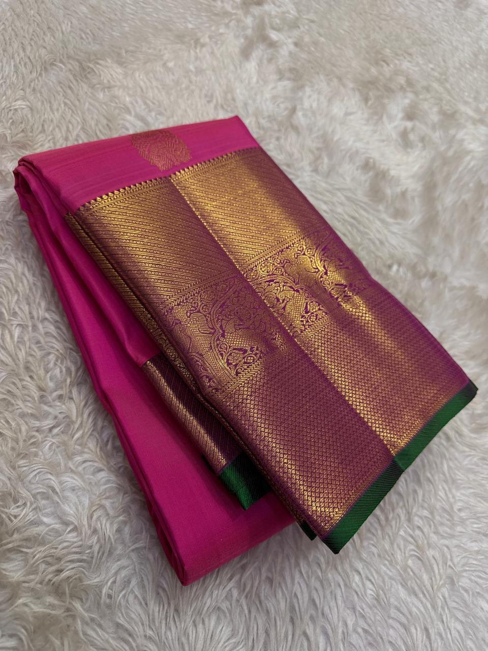 Jewel Pink Handwoven Pure Silk Kancheepuram Butta Saree with Thick Getti Zari Border and Green Selvedge