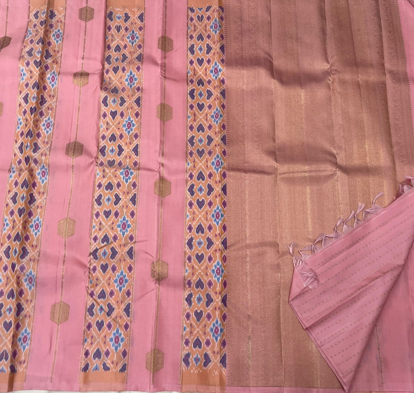 Radiant Pink Butta Kanjipuram Silk Saree with Pochampally Border and Hexagonal Silk Thread Butta