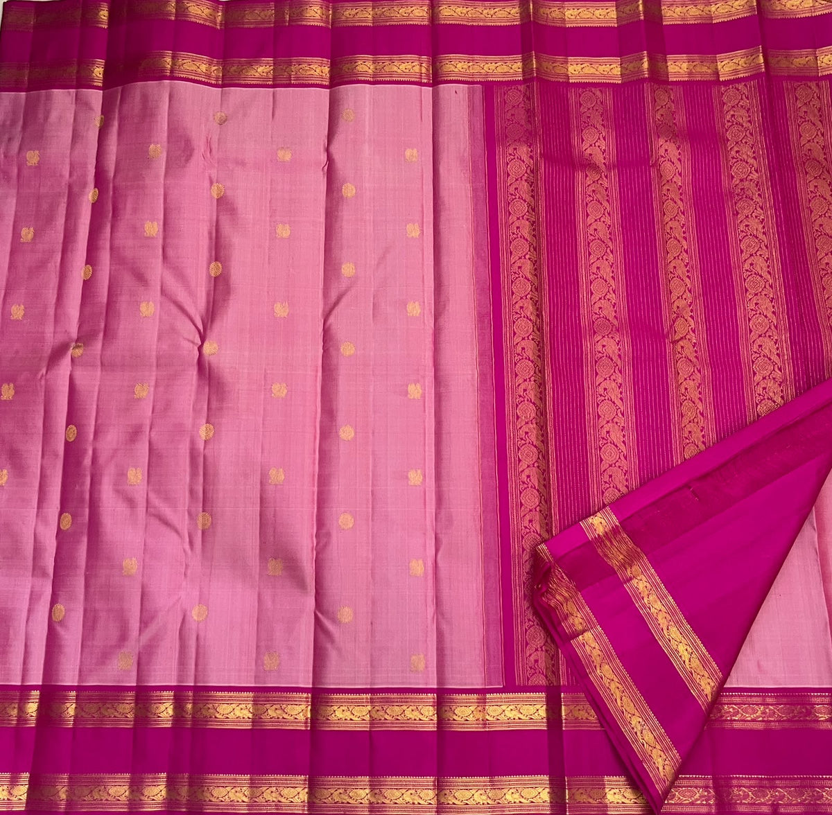 Petal Pink Pure Silk Kanchipuram Rettapet Saree with Rani Pink Mayil Border