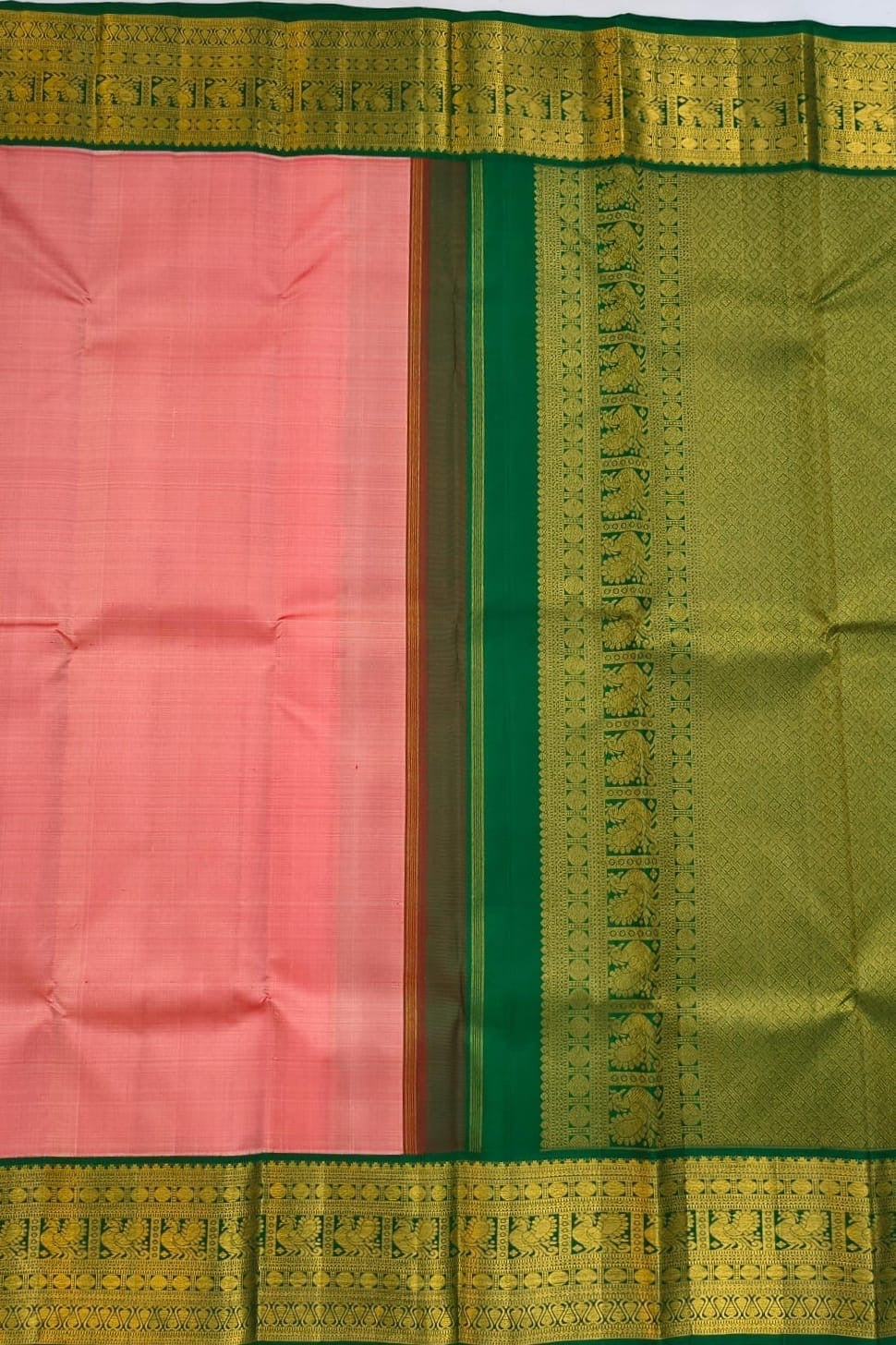 Coral Peach Pink and Emerald Green Handwoven Pure Silk Kanchipuram Saree with Korvai Border