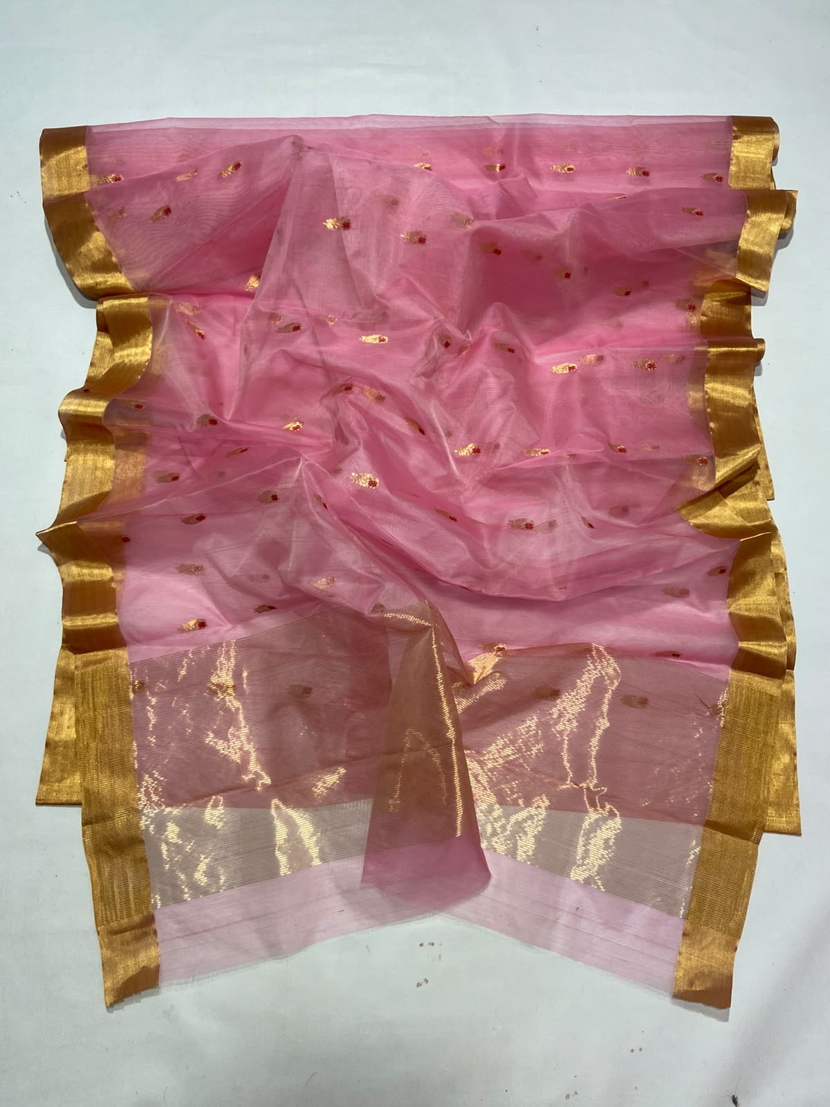 Rose pink Chanderi silk with a deep magenta botanical border