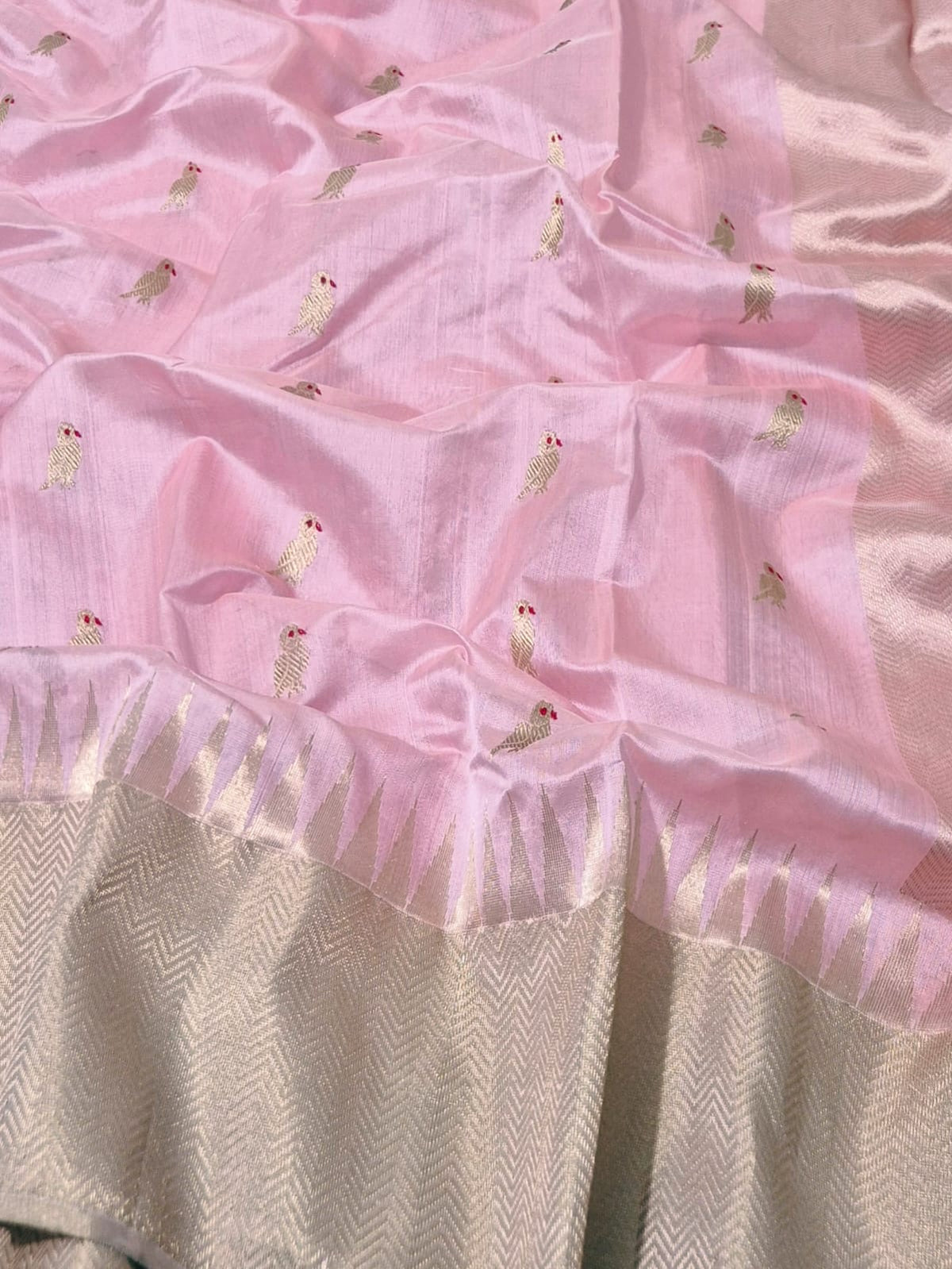 Pink Minakari parrot Chanderi silk saree with pale champagne-metallic woven border