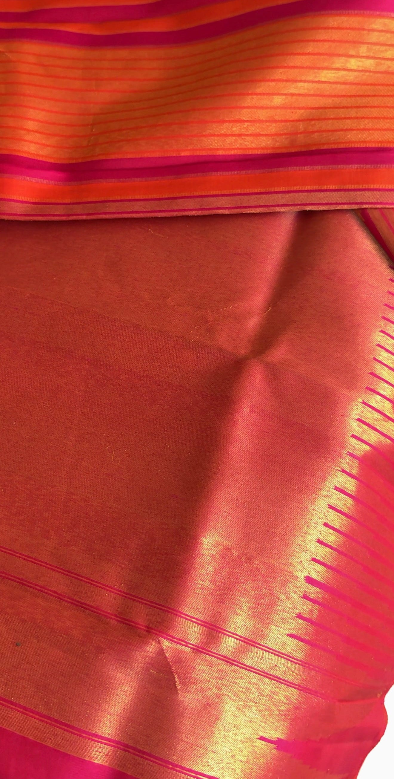 Pink and Sunset Orange Ettukol Kanchipuram silk saree with antique-gold zari.