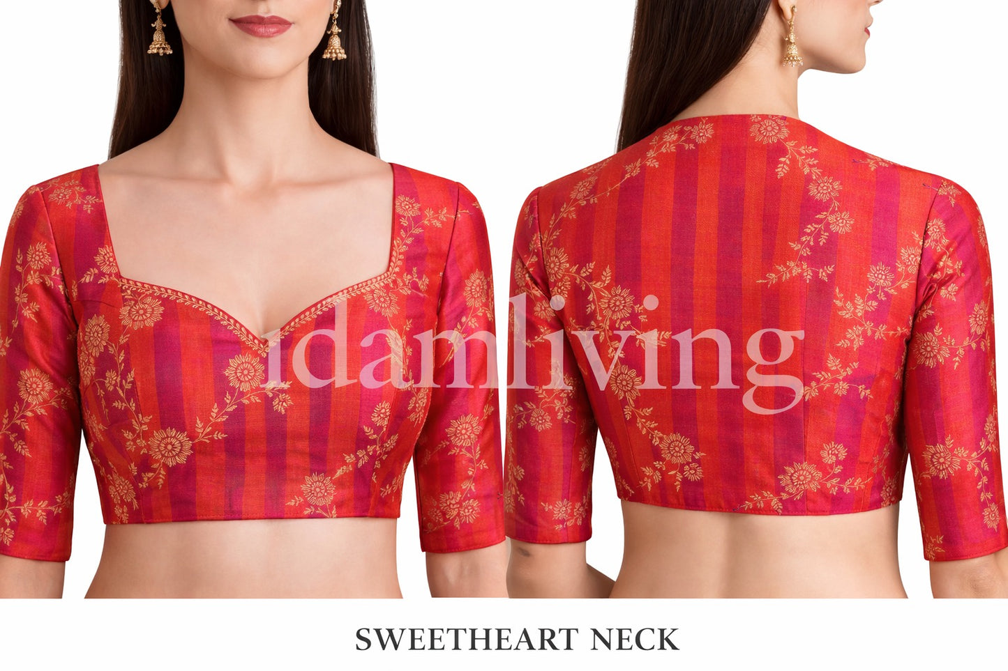 Pink and orange striped Kanchipuram silk blouse with gold floral zari embroidery, front and back view